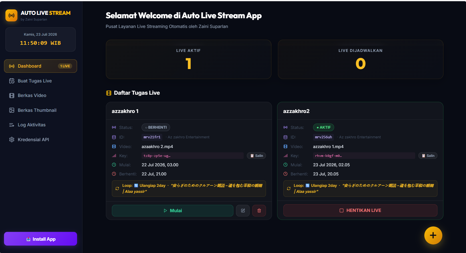 Dashboard Aplikasi Auto Live Stream