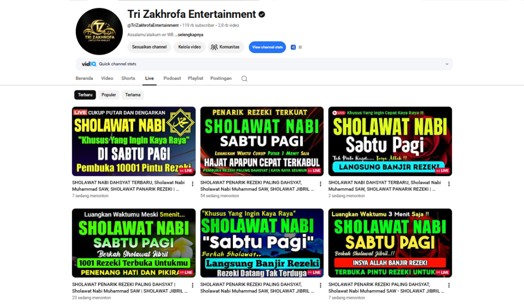 Tampilan Channel Tri Zakhrofa Live Streams