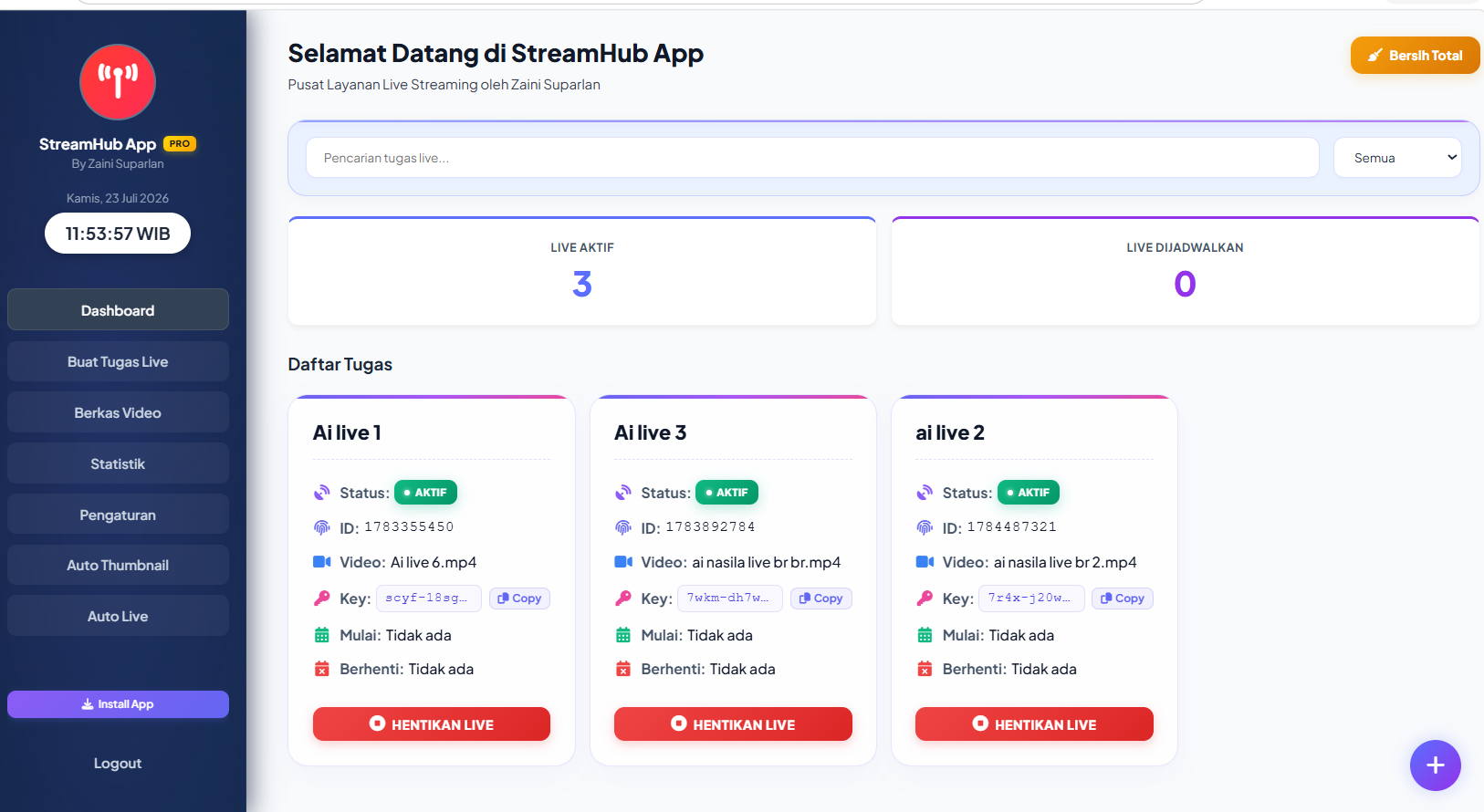 StreamHub App PRO Dashboard